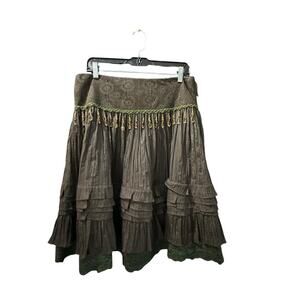 Cache Women's Green Cotton Blend Fringe Detail Midi Skirt Size 8 90s Y2K vintage
